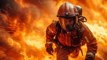 Obraz premium A powerful image of a firefighter courageously confronting raging flames, encapsulating bravery and resilience amidst a dramatic backdrop of fire and intensity.