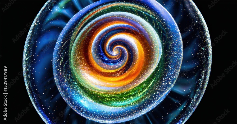 Poster vibrant spiral pattern dominates image. colors blend, creating cosmic effect. concentric circles rad