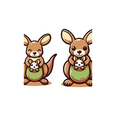 Cute cartoon kangaroos with baby in pouch illustration