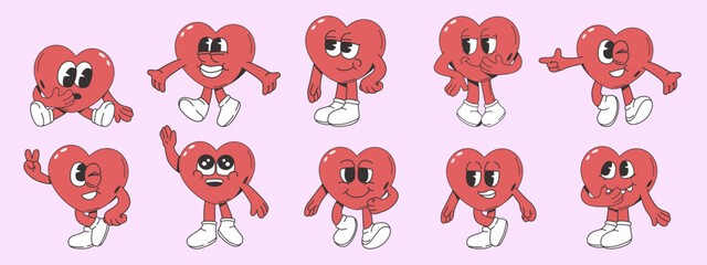 Set of cute cartoon heart characters with various emotions and gestures, flat graphic style, on light pink background. Concept of love, fun. Vector illustration
