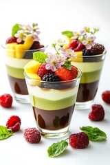 Layered Matcha and Chocolate Dessert Cups with Fresh Fruits and Blossoms