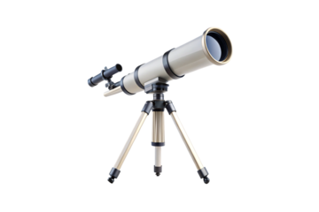 White telescope with golden accents on tripod stand, featuring finder scope for astronomical observation and stargazing activities, isolated on a transparent background