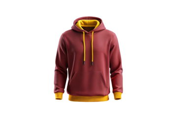 Deep red hoodie with golden yellow interior and cuffs, pullover style with adjustable drawstrings and front pocket, isolated on a transparent background