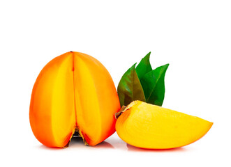 Persimmon fruit slices isolated on a white background, contour