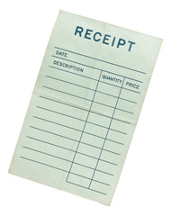 Blank receipt with sections for date, description, quantity, and price, organized in a grid format on transparent background.