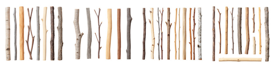 A collection of various wooden sticks and twigs  long title A diverse assortment of natural wooden sticks twigs and branches arranged in a vertical