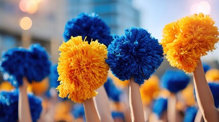 Cheerful blue and yellow pom-poms held high by hands at a lively sports or school event, capturing vibrant energy and team spirit.