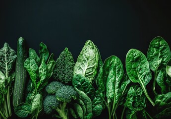 Fresh green vegetables arranged on black background