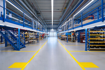 Modern industrial factory interior showing blue mezzanines and yellow floor lines