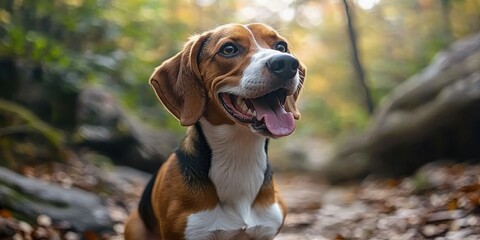 happy American Foxhound hound dog hiking