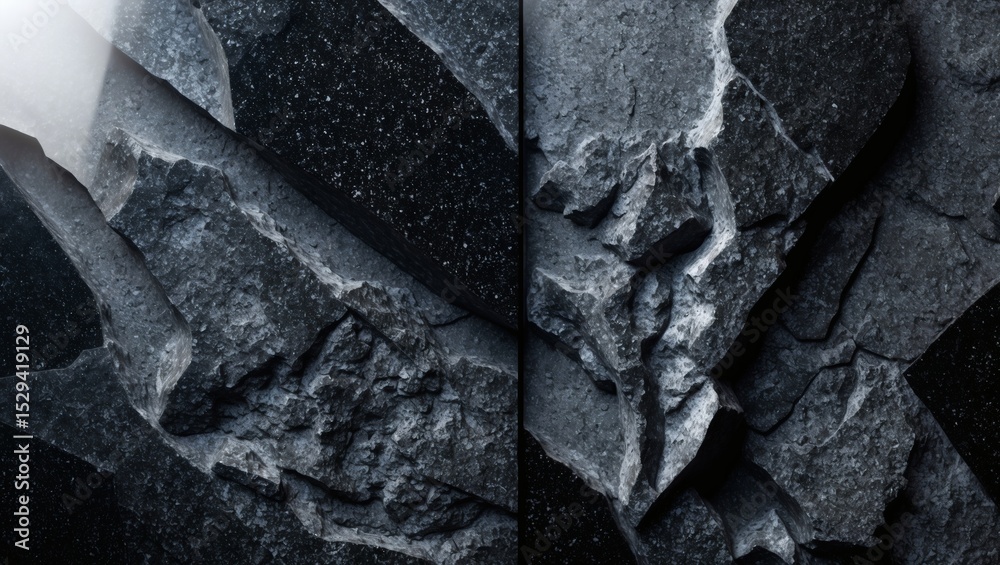 Poster detailed view of textured stone surfaces with shadows, creating a moody atmosphere