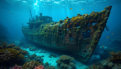 the wreaked ship/ lost in the deep blue 4k pc wallpaper