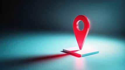 A glowing red location pin icon stands on a flat surface, casting a shadow on a dark, gradient background.