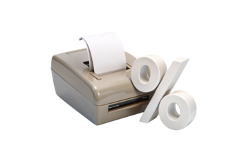Beige thermal receipt printer with white percentage symbol, paper roll, vintage business equipment, isolated on a transparent background