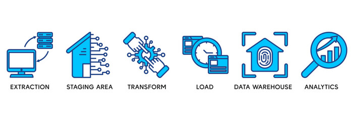 ETL icon set vector illustration concept relate to extract transform load with icon of extraction, staging area, data warehouse and analytics