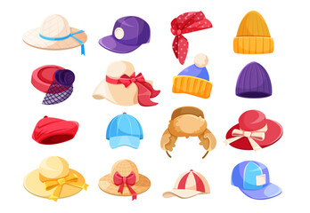 Collection of colorful hats and caps in cartoon graphic style, displayed on white background. Concept of fashion accessories. Vector illustration