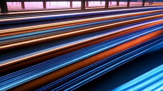Illuminated optical fiber cables with copper tubing conveying data, technology infrastructure showing broadband internet and communication network