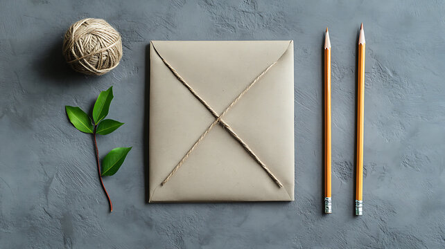 Brown package tied with twine beside pencils and green leaves on a gray surface