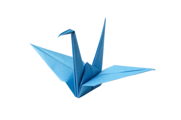 Blue origami paper crane shown from side angle revealing detailed wing structure and geometric paper folding techniques, isolated on a transparent background