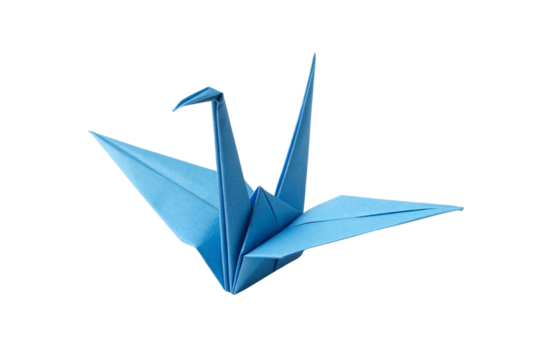Blue origami paper crane shown from side angle revealing detailed wing structure and geometric paper folding techniques, isolated on a transparent background