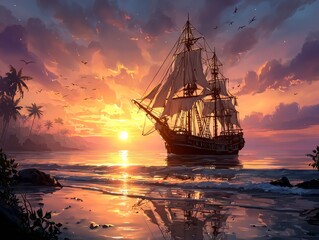 Obraz premium A large pirate ship sailing on calm waters with a fiery sunset background