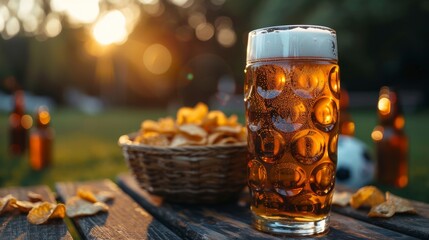 A refreshing glass of beer sits on a wooden table beside a basket of snacks, illuminated by the warm glow of a sunset creating a perfect casual gathering atmosphere.