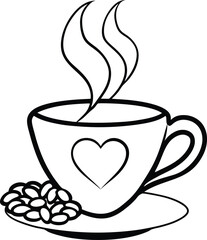 Valentines Coffee Cup with Bean Heart Steam vector Line art illustration