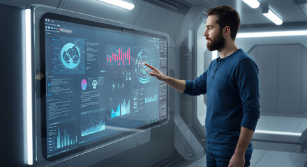 Man interacting with futuristic data display