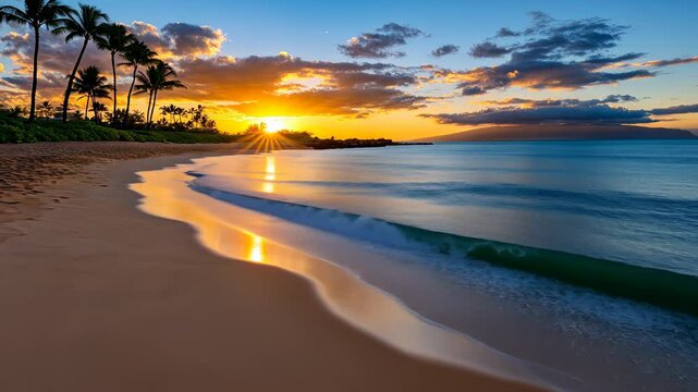 Stunning sunset over the calm beach in Maui with reflecting waves and palm trees