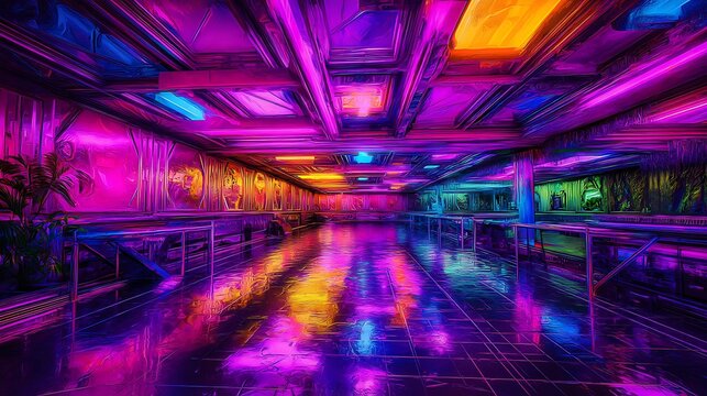 Neon cyberpunk illuminated long hallway