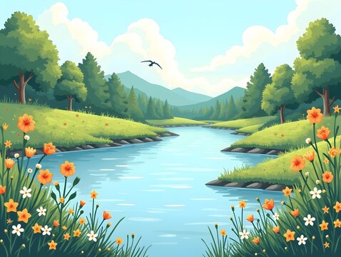 Peaceful River Landscape Illustration Summer River Scene with Wildflowers.