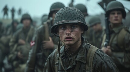 Fototapeta premium A group of young soldiers gear up in a rainy environment, highlighting themes of bravery, camaraderie, and resilience amid challenging conditions during their mission.