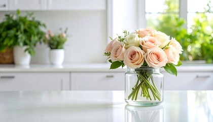 Peach roses in kitchen vase.