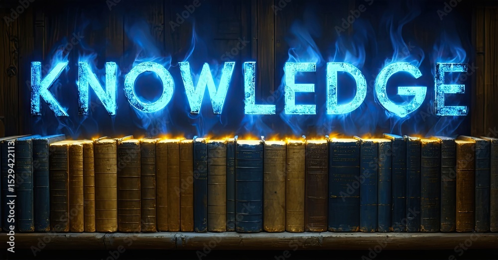Poster glowing word knowledge above stacked books. dark background creates dramatic effect. books suggest l