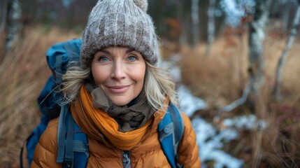 This uplifting image features a joyful woman surrounded by nature in winter, showcasing her vibrant spirit as she enjoys the chilly beauty of her outdoor adventure in a cozy setting.