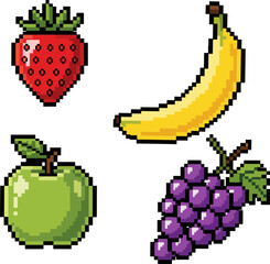 Set of fruit icons in pixel style, strawberry, banana, apple and grape icon.