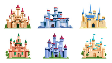 Set of six colorful medieval castles in cartoon graphic style on white background, concept of fantasy architecture. Vector illustration