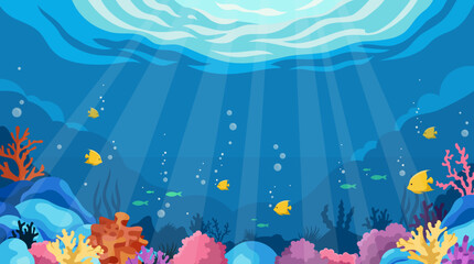Bright coral reef with fish, flat graphic style, underwater ocean background. Concept of marine wildlife and sea life. Vector illustration