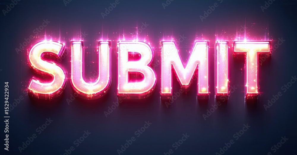 Poster bright pink neon text spells submit against dark purple background. sparkling effects enhance visual
