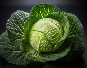 Fototapeta premium a vibrant green cabbage sits gracefully against a dark surface highlighting its intricate leaf patterns and natural freshness perfect for culinary and health themes