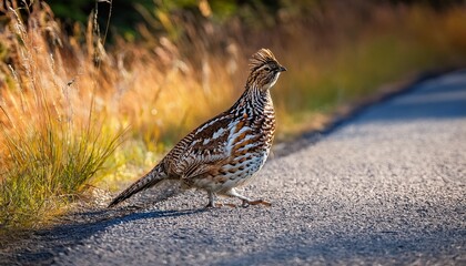 ruffed grouse foraging for food along a road in a national park