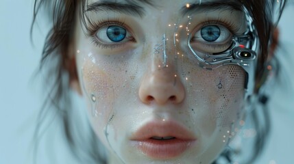 A close-up portrait of a futuristic cyborg with luminous eyes, blending human and technological features, representing a vision of the future and the evolution of identity.