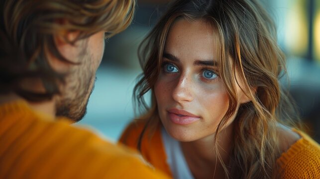 A close-up of a young couple sharing a heartfelt gaze, reflecting deep emotions and connection, providing a glimpse into their relationship filled with love and warmth.