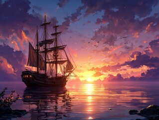Obraz premium A majestic pirate ship sailing through calm waters under a vibrant sunset sky