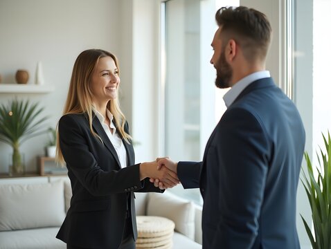 Realtor and buyer shaking hands. Successful real estate transaction.