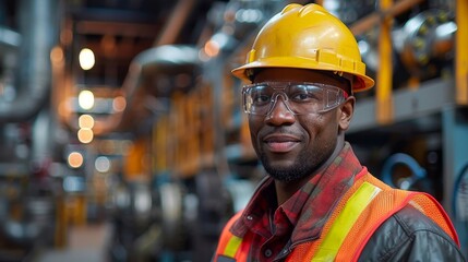 A confident male worker stands in a bustling industrial environment, showcasing safety gear while embodying professionalism and dedication to his occupation.