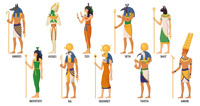 Various ancient Egyptian gods and goddesses in colorful traditional outfits, depicted in flat graphic style on a white background. Concept of mythology. Vector illustration