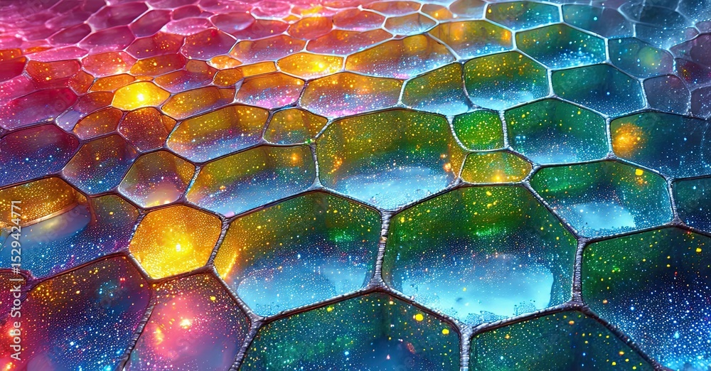 Aufkleber Colorful bubbles form hexagonal patterns. Vibrant hues blend, creating cosmic reflections within each cell. Abstract, beautiful texture.