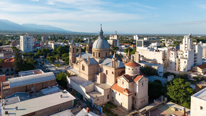 Aerial view of the San Nicolás de Bari Cathedral in the city of La Rioja.