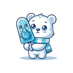 Cute polar bear holding a fish-shaped ice pop
